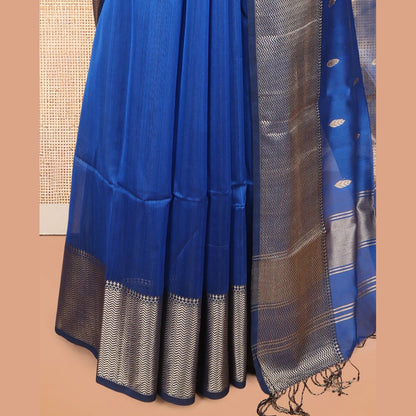 Pothys M.s Blue Maheshwari Cotton Saree, Ornamented with Zari Buttas, a Contrast Chevron Striped Border, Zari Buttas Woven Pallu, and a Contrast Blouse
