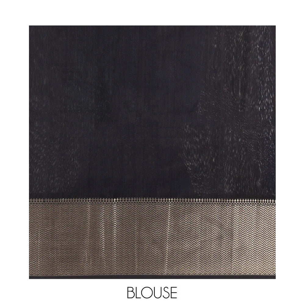 Pothys M.s Blue Maheshwari Cotton Saree, Ornamented with Zari Buttas, a Contrast Chevron Striped Border, Zari Buttas Woven Pallu, and a Contrast Blouse