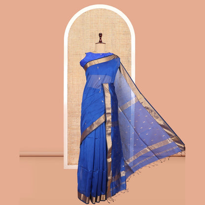 Pothys M.s Blue Maheshwari Cotton Saree, Embellished with Zari Buttas, a Contrast Zari Border, Zari Buttas Woven Pallu, and a Matching Blouse