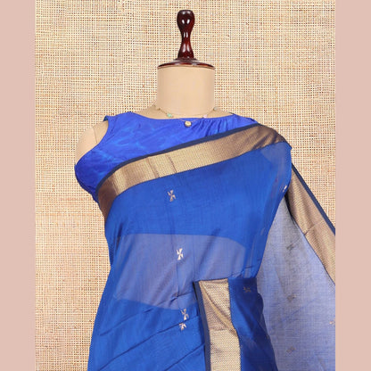 Pothys M.s Blue Maheshwari Cotton Saree, Embellished with Zari Buttas, a Contrast Zari Border, Zari Buttas Woven Pallu, and a Matching Blouse