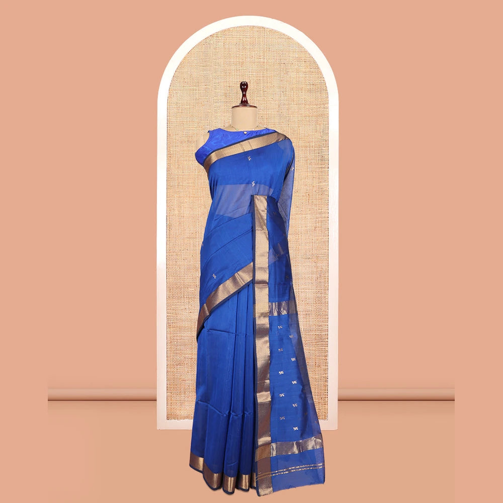 Pothys M.s Blue Maheshwari Cotton Saree, Embellished with Zari Buttas, a Contrast Zari Border, Zari Buttas Woven Pallu, and a Matching Blouse
