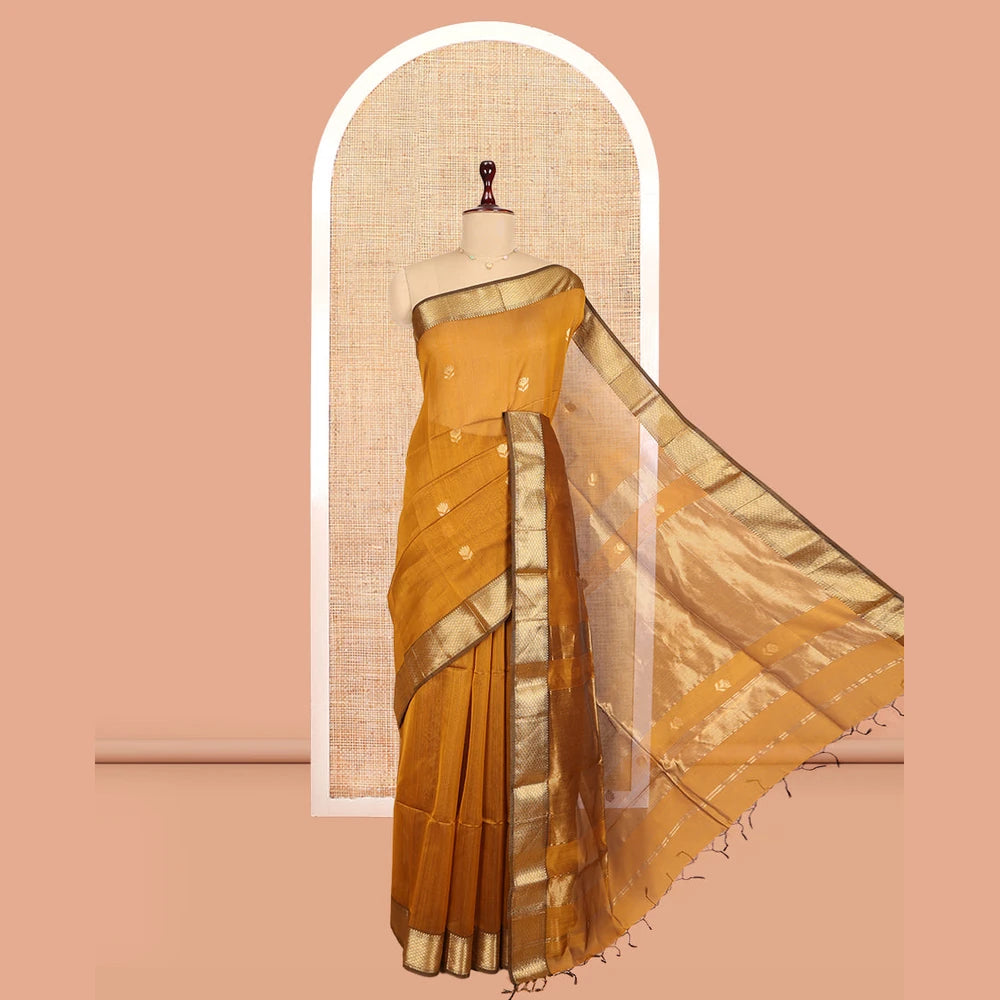 Pothys Mustard Maheshwari Cotton Saree, Ornamented with Zari Buttas, a Contrast Traditional Zari Border, Zari Buttas Woven Pallu, and a Matching Blouse