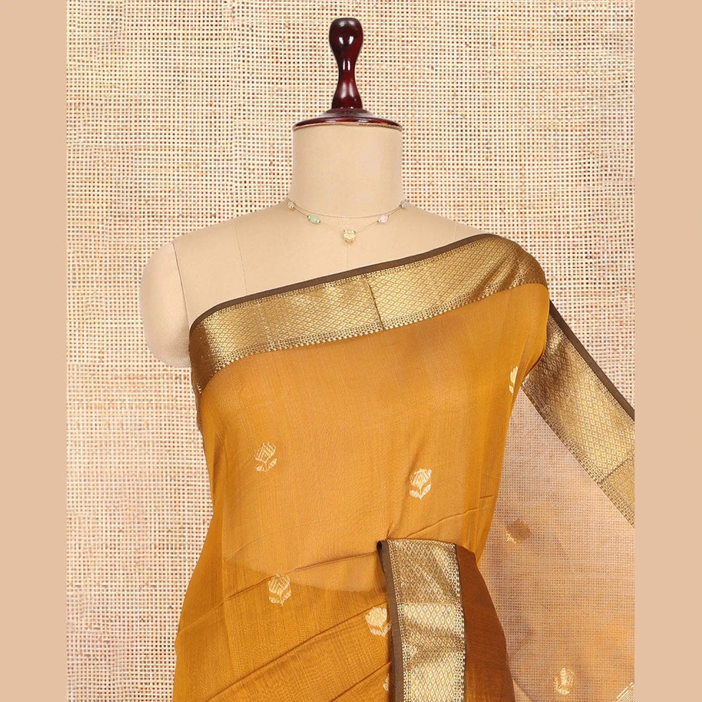 Pothys Mustard Maheshwari Cotton Saree, Ornamented with Zari Buttas, a Contrast Traditional Zari Border, Zari Buttas Woven Pallu, and a Matching Blouse
