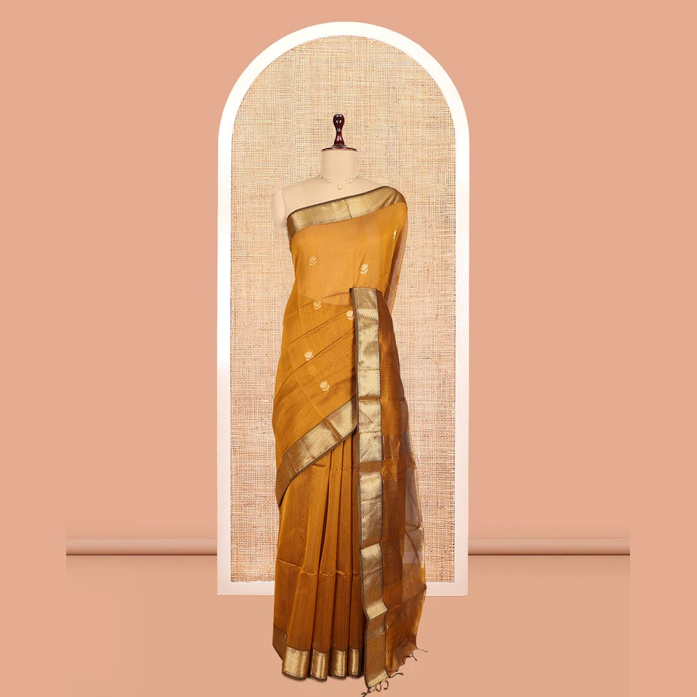 Pothys Mustard Maheshwari Cotton Saree, Ornamented with Zari Buttas, a Contrast Traditional Zari Border, Zari Buttas Woven Pallu, and a Matching Blouse