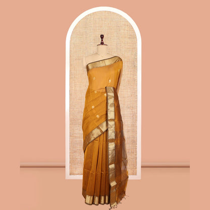Pothys Mustard Maheshwari Cotton Saree, Ornamented with Zari Buttas, a Contrast Traditional Zari Border, Zari Buttas Woven Pallu, and a Matching Blouse