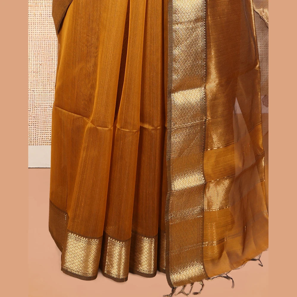 Pothys Mustard Maheshwari Cotton Saree, Ornamented with Zari Buttas, a Contrast Traditional Zari Border, Zari Buttas Woven Pallu, and a Matching Blouse