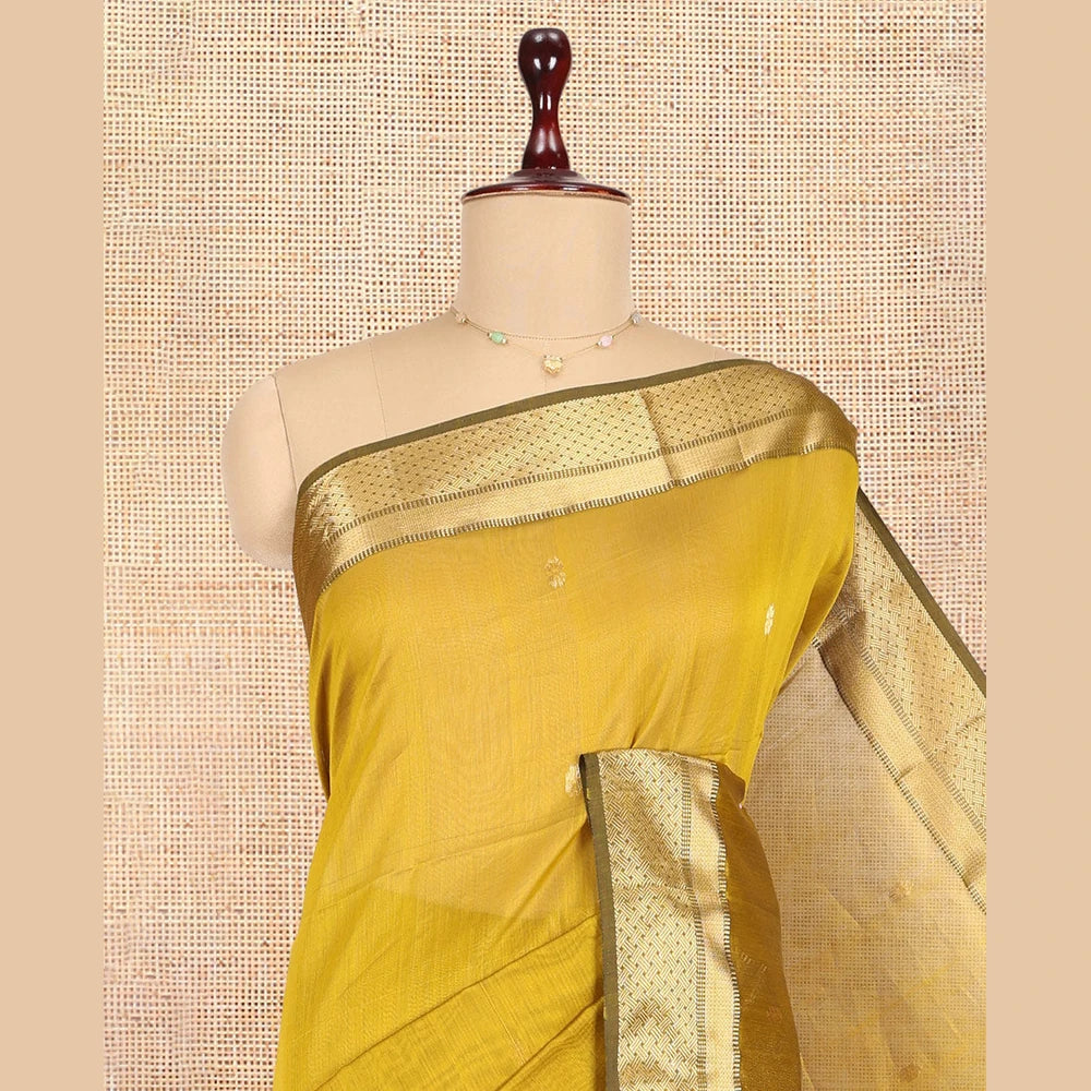 Pothys Yellow Maheshwari Cotton Saree, Bedecked with Zari Buttas, a Contrast Traditional Zari Border, Zari Striped Pallu, and a Matching Blouse