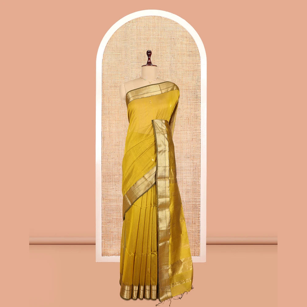 Pothys Yellow Maheshwari Cotton Saree, Bedecked with Zari Buttas, a Contrast Traditional Zari Border, Zari Striped Pallu, and a Matching Blouse