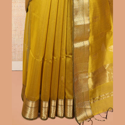 Pothys Yellow Maheshwari Cotton Saree, Bedecked with Zari Buttas, a Contrast Traditional Zari Border, Zari Striped Pallu, and a Matching Blouse