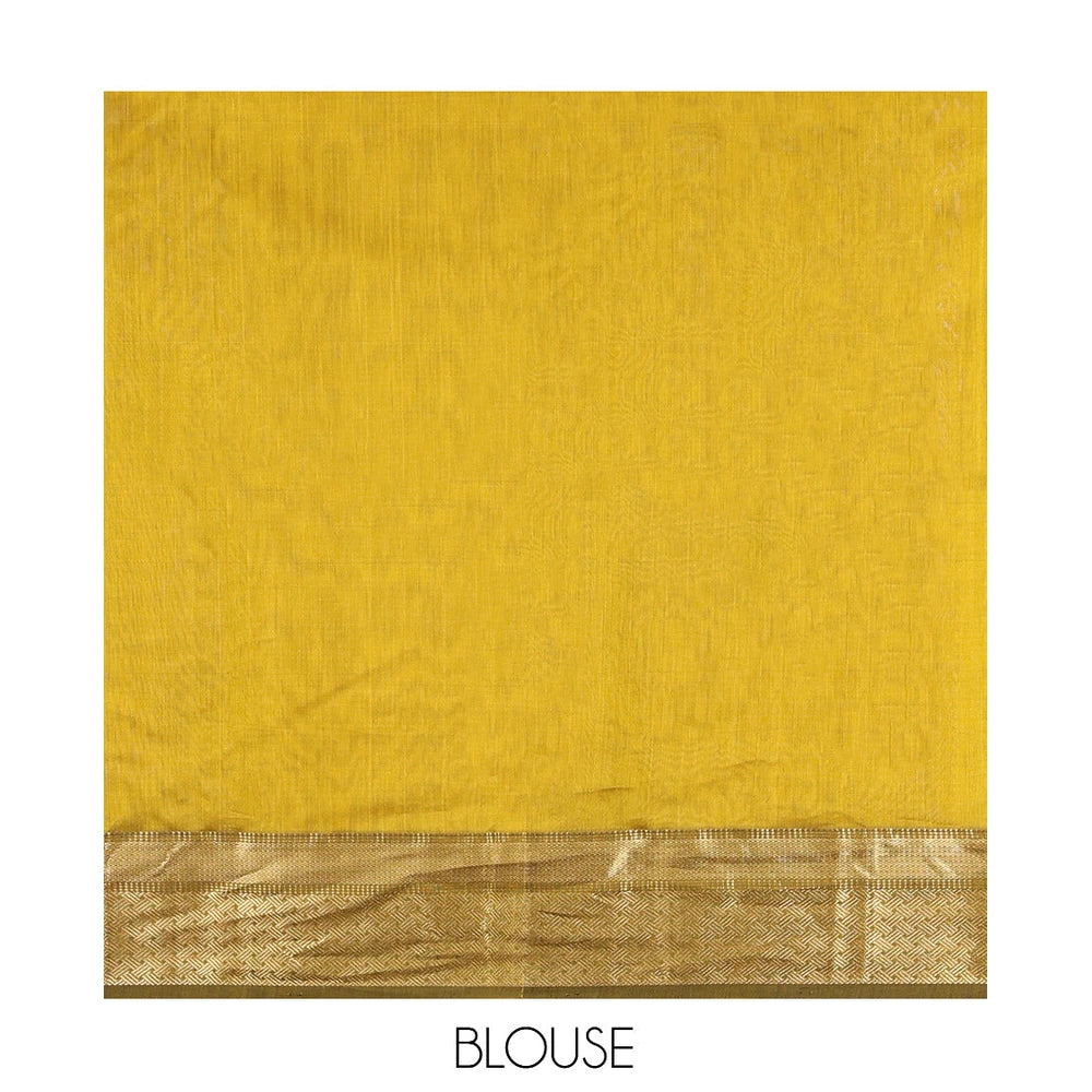 Pothys Yellow Maheshwari Cotton Saree, Bedecked with Zari Buttas, a Contrast Traditional Zari Border, Zari Striped Pallu, and a Matching Blouse