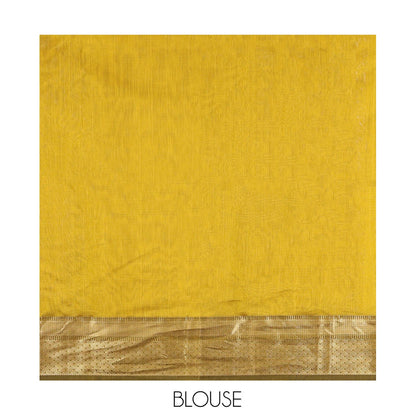 Pothys Yellow Maheshwari Cotton Saree, Bedecked with Zari Buttas, a Contrast Traditional Zari Border, Zari Striped Pallu, and a Matching Blouse