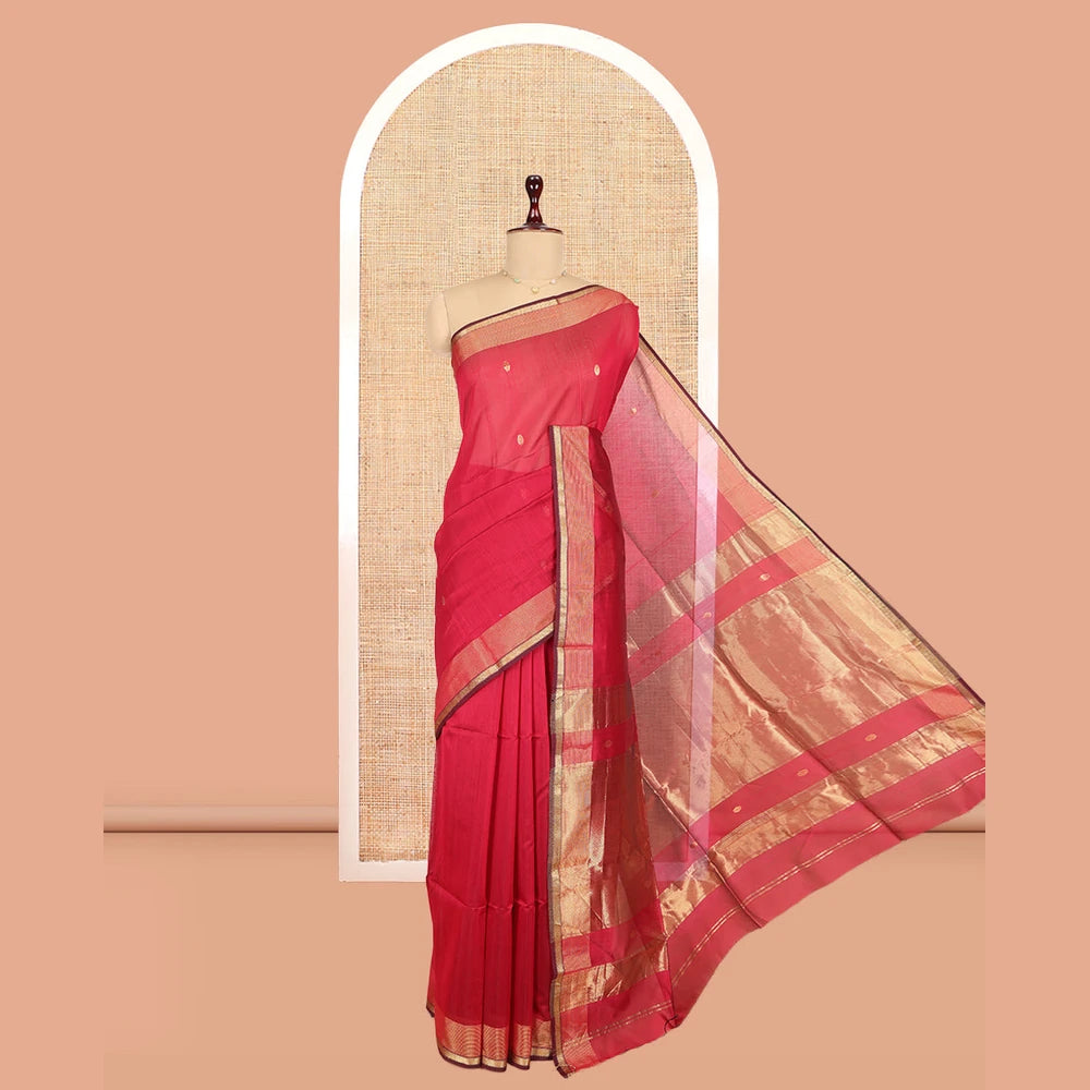 Pothys Red Maheshwari Cotton Saree, Decorated with Zari Buttas, a Traditional Zari Border, Zari Gleamed Up Pallu, and a Matching Blouse