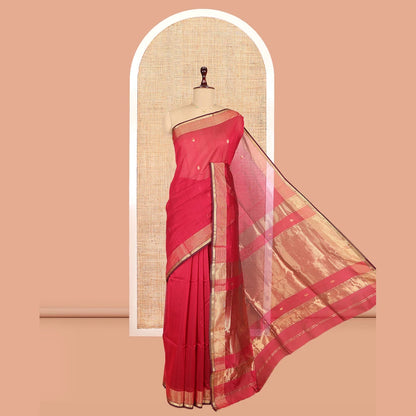 Pothys Red Maheshwari Cotton Saree, Decorated with Zari Buttas, a Traditional Zari Border, Zari Gleamed Up Pallu, and a Matching Blouse