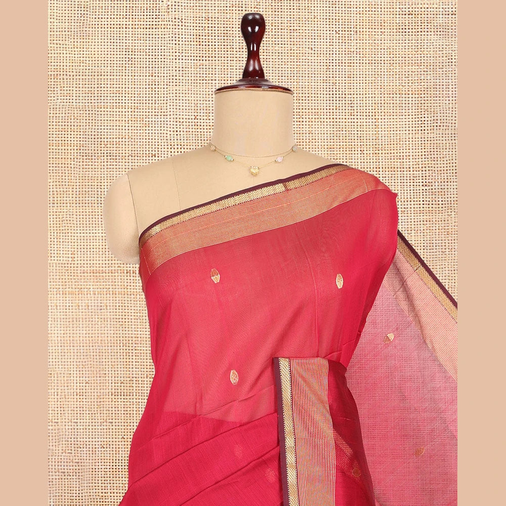 Pothys Red Maheshwari Cotton Saree, Decorated with Zari Buttas, a Traditional Zari Border, Zari Gleamed Up Pallu, and a Matching Blouse