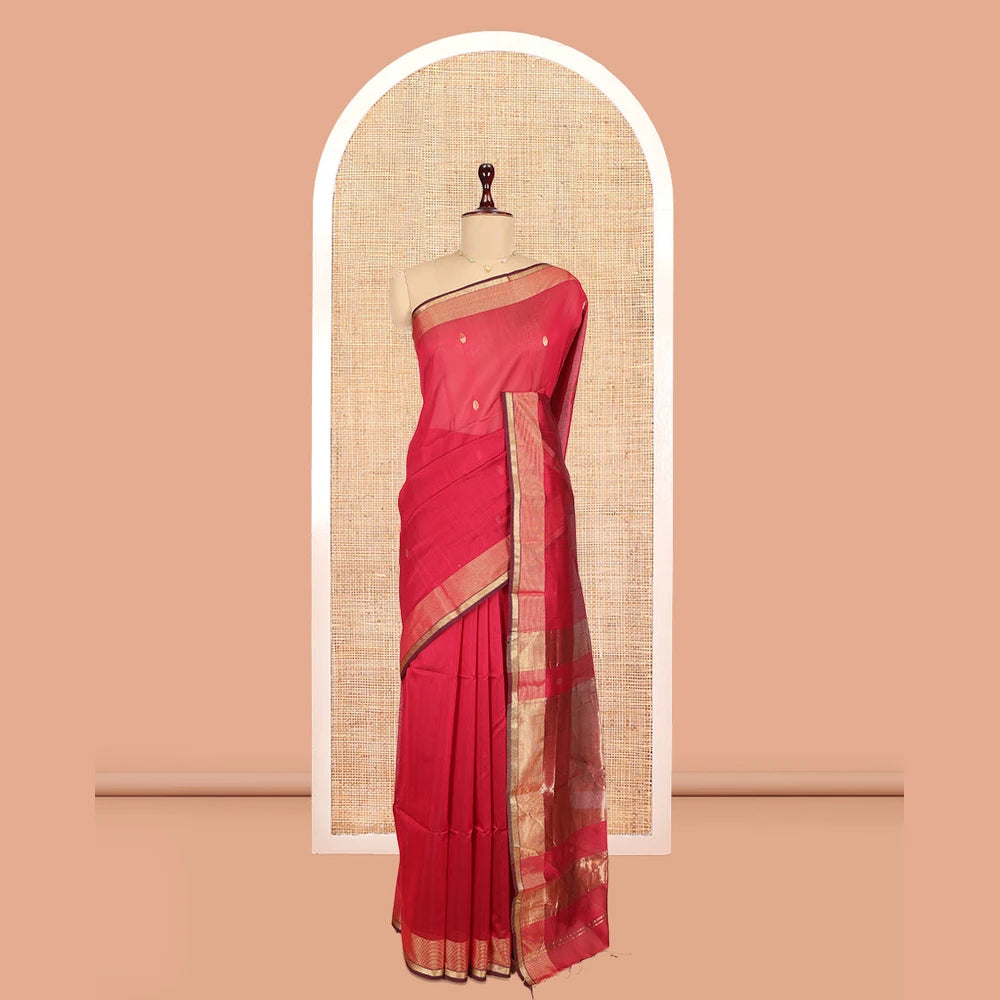 Pothys Red Maheshwari Cotton Saree, Decorated with Zari Buttas, a Traditional Zari Border, Zari Gleamed Up Pallu, and a Matching Blouse