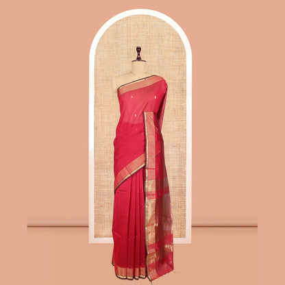 Pothys Red Maheshwari Cotton Saree, Decorated with Zari Buttas, a Traditional Zari Border, Zari Gleamed Up Pallu, and a Matching Blouse