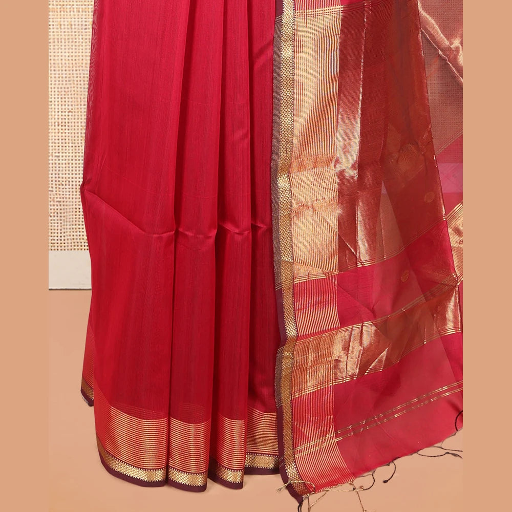 Pothys Red Maheshwari Cotton Saree, Decorated with Zari Buttas, a Traditional Zari Border, Zari Gleamed Up Pallu, and a Matching Blouse