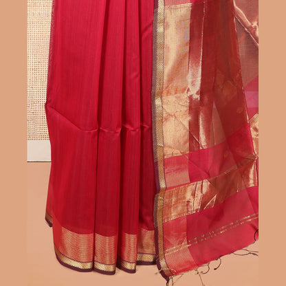 Pothys Red Maheshwari Cotton Saree, Decorated with Zari Buttas, a Traditional Zari Border, Zari Gleamed Up Pallu, and a Matching Blouse