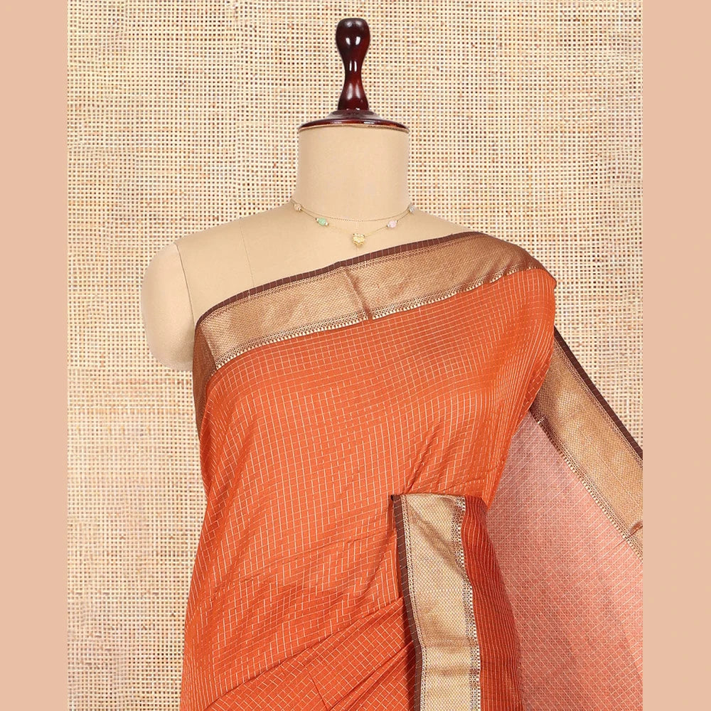 Pothys Rust Maheshwari Cotton Saree, Delicately Woven with Zari Checks, a Traditional Zari Border, Gleaming Zari Pallu, and a Matching Blouse
