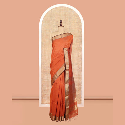 Pothys Rust Maheshwari Cotton Saree, Delicately Woven with Zari Checks, a Traditional Zari Border, Gleaming Zari Pallu, and a Matching Blouse