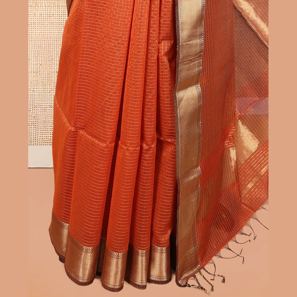 Pothys Rust Maheshwari Cotton Saree, Delicately Woven with Zari Checks, a Traditional Zari Border, Gleaming Zari Pallu, and a Matching Blouse