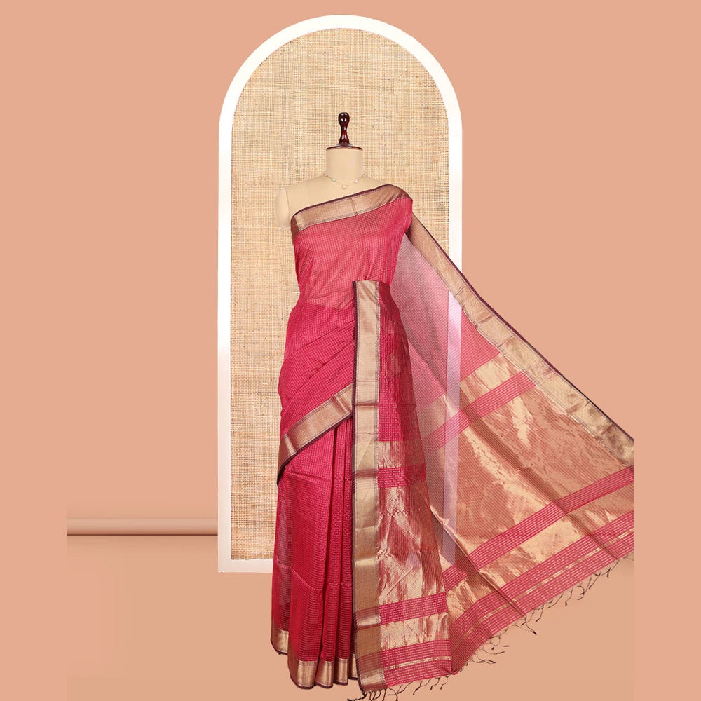 Pothys Red Maheshwari Cotton Saree, Woven with Zari Checks, a Traditional Zari Border, Gleaming Zari Pallu, and a Matching Blouse