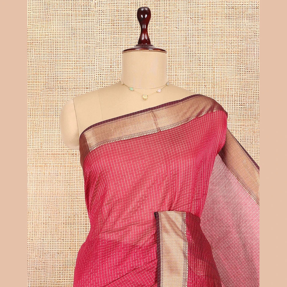 Pothys Red Maheshwari Cotton Saree, Woven with Zari Checks, a Traditional Zari Border, Gleaming Zari Pallu, and a Matching Blouse