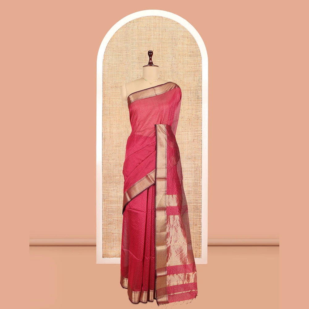 Pothys Red Maheshwari Cotton Saree, Woven with Zari Checks, a Traditional Zari Border, Gleaming Zari Pallu, and a Matching Blouse