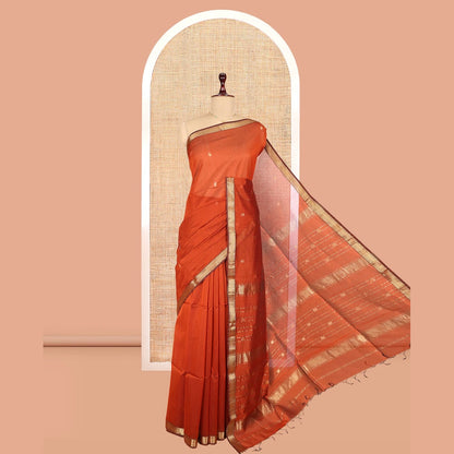 Pothys Rust Maheshwari Cotton Saree Featuring Zari Buttas, a Contrast Traditional Zari Border, Zari Striped Pallu, and a Matching Blouse