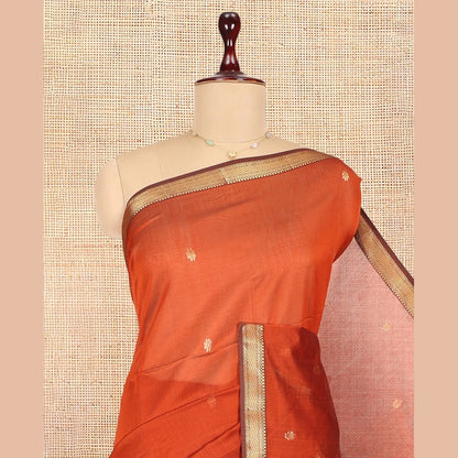 Pothys Rust Maheshwari Cotton Saree Featuring Zari Buttas, a Contrast Traditional Zari Border, Zari Striped Pallu, and a Matching Blouse