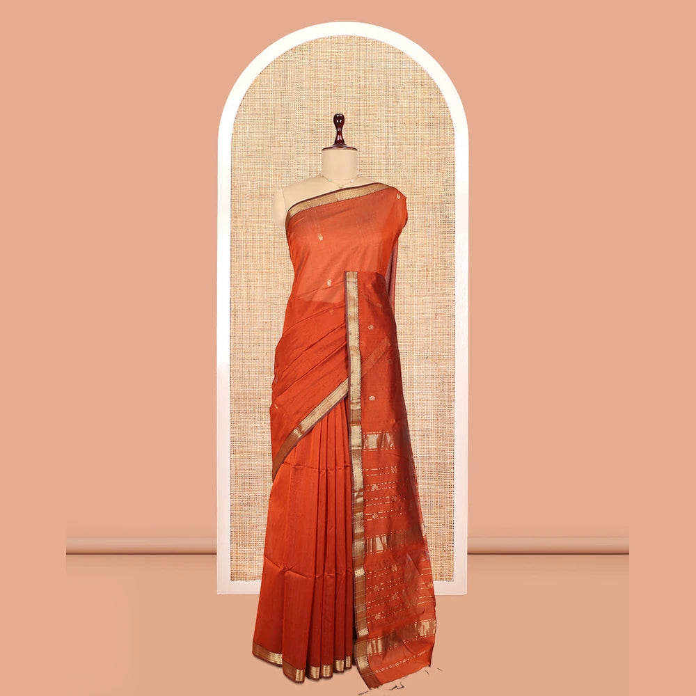 Pothys Rust Maheshwari Cotton Saree Featuring Zari Buttas, a Contrast Traditional Zari Border, Zari Striped Pallu, and a Matching Blouse