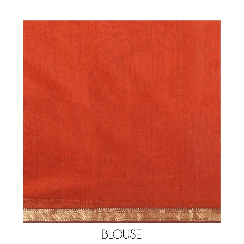 Pothys Rust Maheshwari Cotton Saree Featuring Zari Buttas, a Contrast Traditional Zari Border, Zari Striped Pallu, and a Matching Blouse