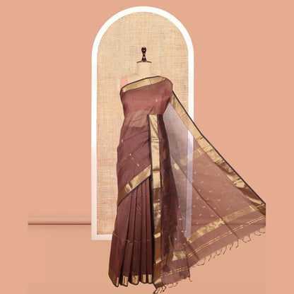 Pothys Brown Maheshwari Cotton Saree, Enriched with Zari Buttas, a Traditional Zari Border, Zari Woven Pallu, and a Matching Blouse
