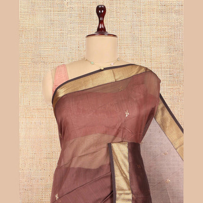 Pothys Brown Maheshwari Cotton Saree, Enriched with Zari Buttas, a Traditional Zari Border, Zari Woven Pallu, and a Matching Blouse