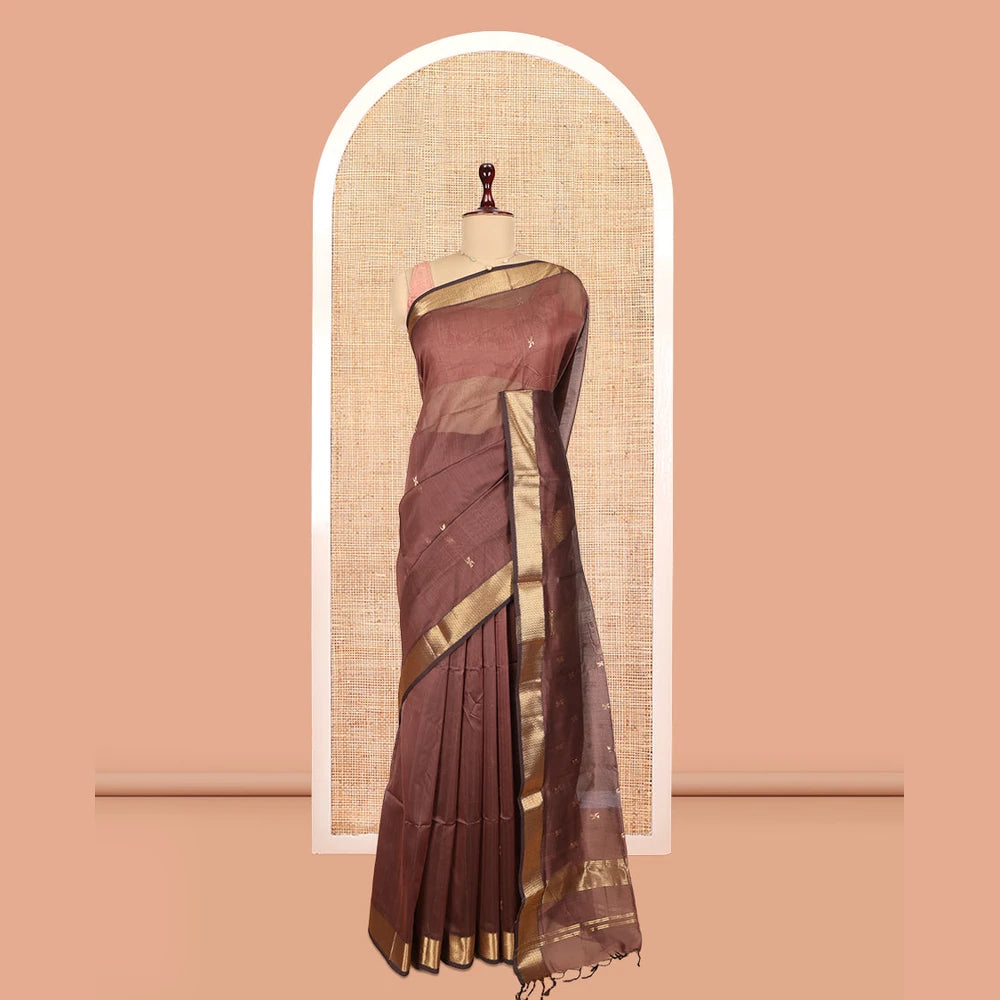 Pothys Brown Maheshwari Cotton Saree, Enriched with Zari Buttas, a Traditional Zari Border, Zari Woven Pallu, and a Matching Blouse