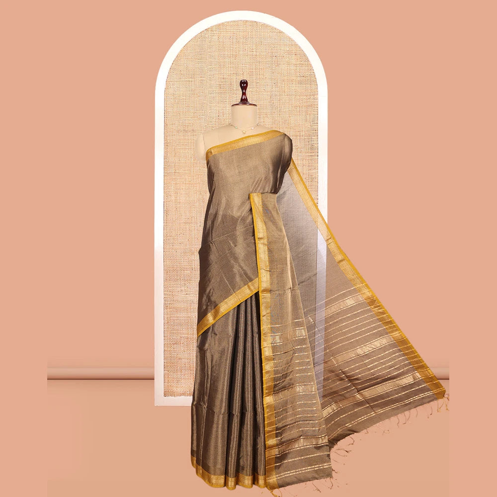 Pothys Brown Plain Maheshwari Cotton Saree, a Contrast Traditional Zari Border, Zari Striped Pallu, and a Matching Blouse