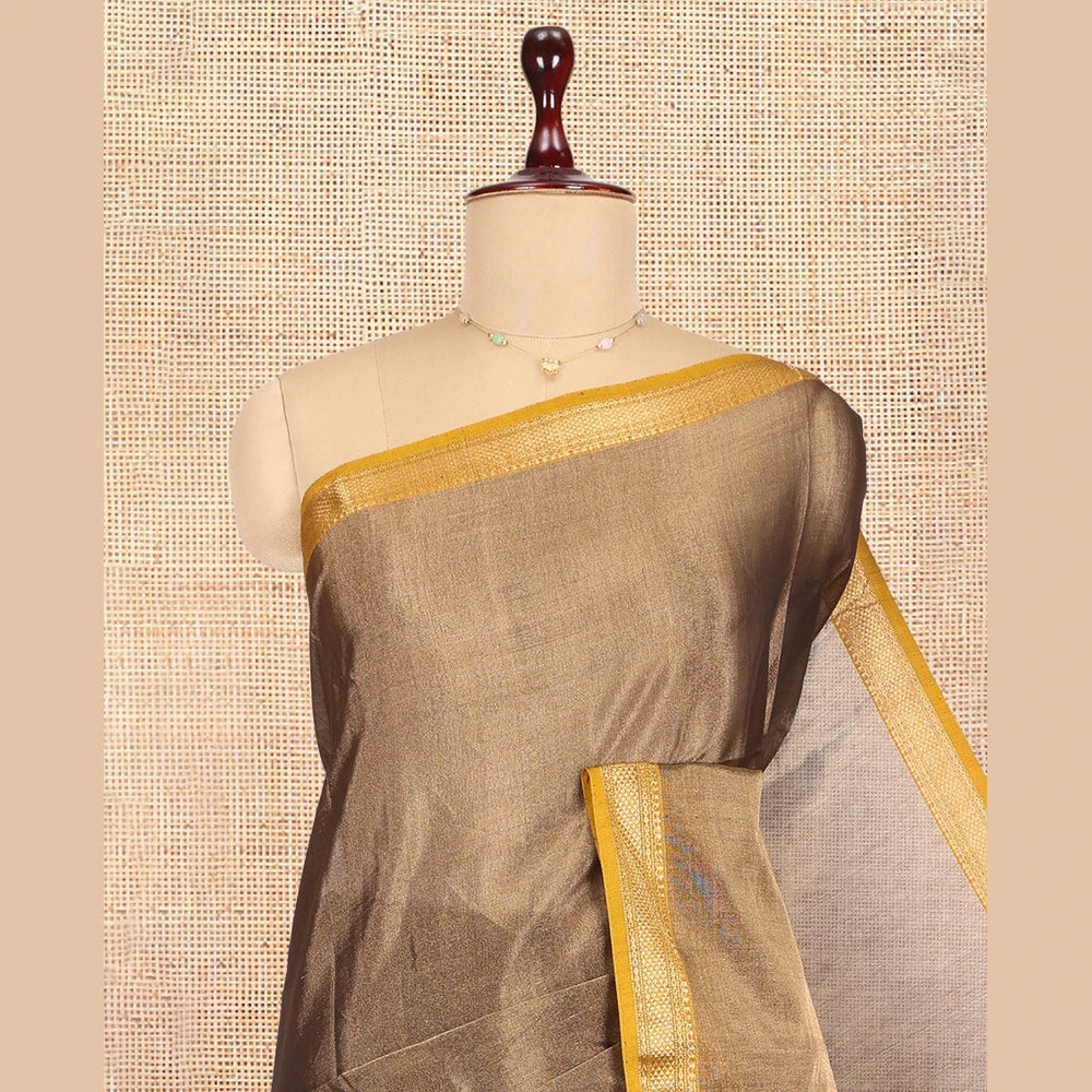 Pothys Brown Plain Maheshwari Cotton Saree, a Contrast Traditional Zari Border, Zari Striped Pallu, and a Matching Blouse