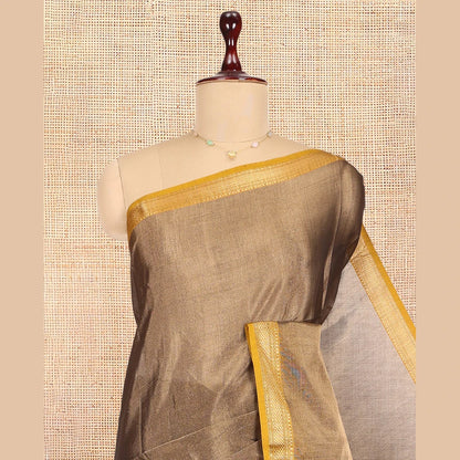 Pothys Brown Plain Maheshwari Cotton Saree, a Contrast Traditional Zari Border, Zari Striped Pallu, and a Matching Blouse