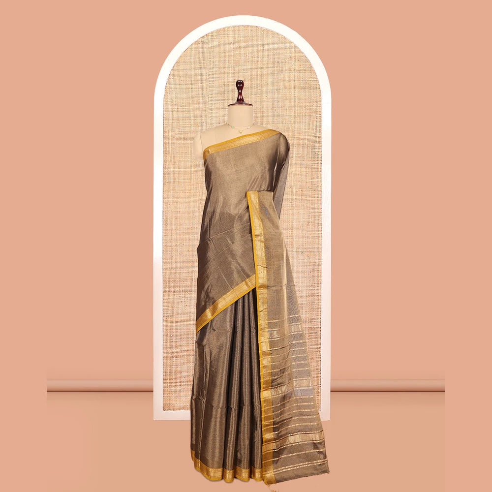 Pothys Brown Plain Maheshwari Cotton Saree, a Contrast Traditional Zari Border, Zari Striped Pallu, and a Matching Blouse