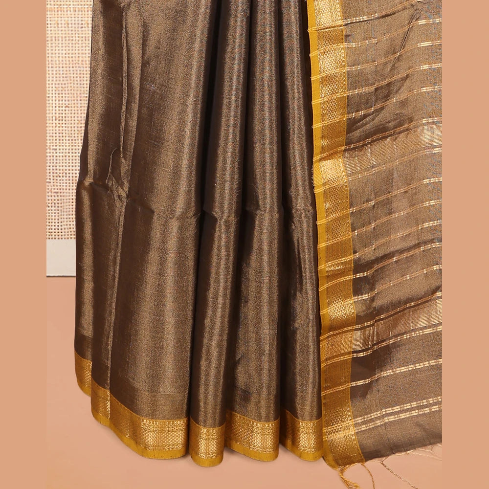 Pothys Brown Plain Maheshwari Cotton Saree, a Contrast Traditional Zari Border, Zari Striped Pallu, and a Matching Blouse