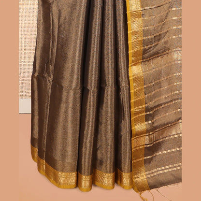 Pothys Brown Plain Maheshwari Cotton Saree, a Contrast Traditional Zari Border, Zari Striped Pallu, and a Matching Blouse