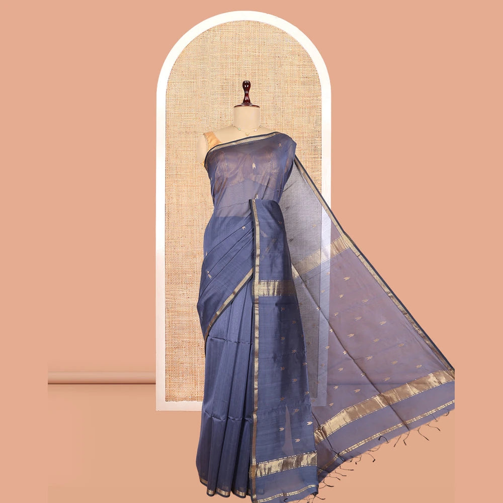 Pothys Blue Maheshwari Cotton Saree, Enthralled with Zari Buttas, a Zari Piping Border, Zari Buttas Pallu, and a Matching Blouse