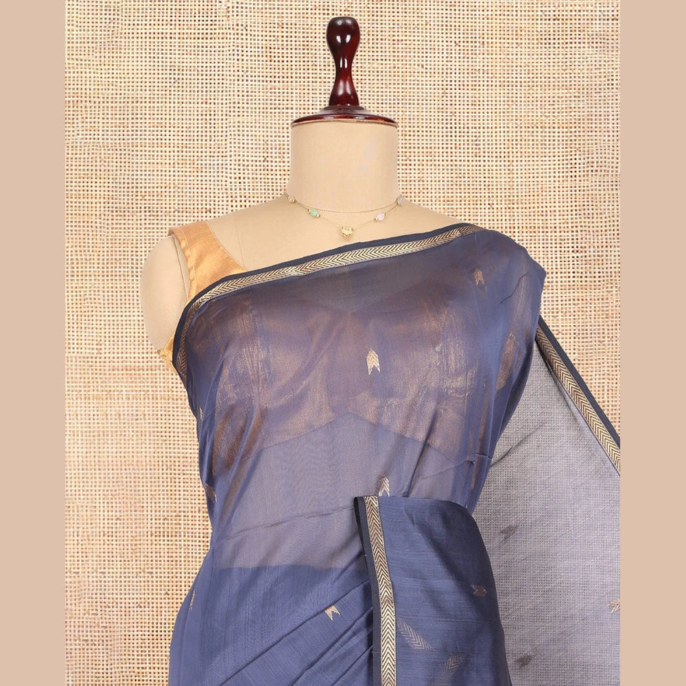 Pothys Blue Maheshwari Cotton Saree, Enthralled with Zari Buttas, a Zari Piping Border, Zari Buttas Pallu, and a Matching Blouse