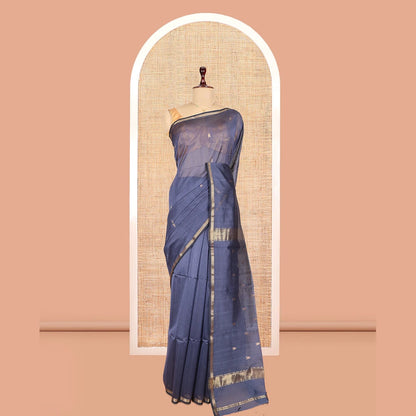 Pothys Blue Maheshwari Cotton Saree, Enthralled with Zari Buttas, a Zari Piping Border, Zari Buttas Pallu, and a Matching Blouse