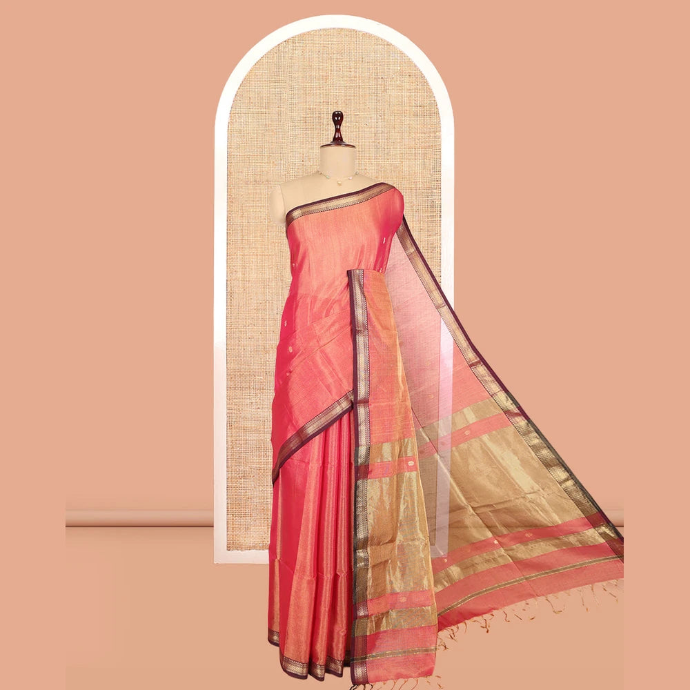Pothys Peach Maheshwari Cotton Saree, Woven with Zari Buttas, a Contrast Traditional Zari Border, Zari Gleamed Up Pallu, and a Matching Blouse