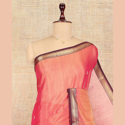 Pothys Peach Maheshwari Cotton Saree, Woven with Zari Buttas, a Contrast Traditional Zari Border, Zari Gleamed Up Pallu, and a Matching Blouse