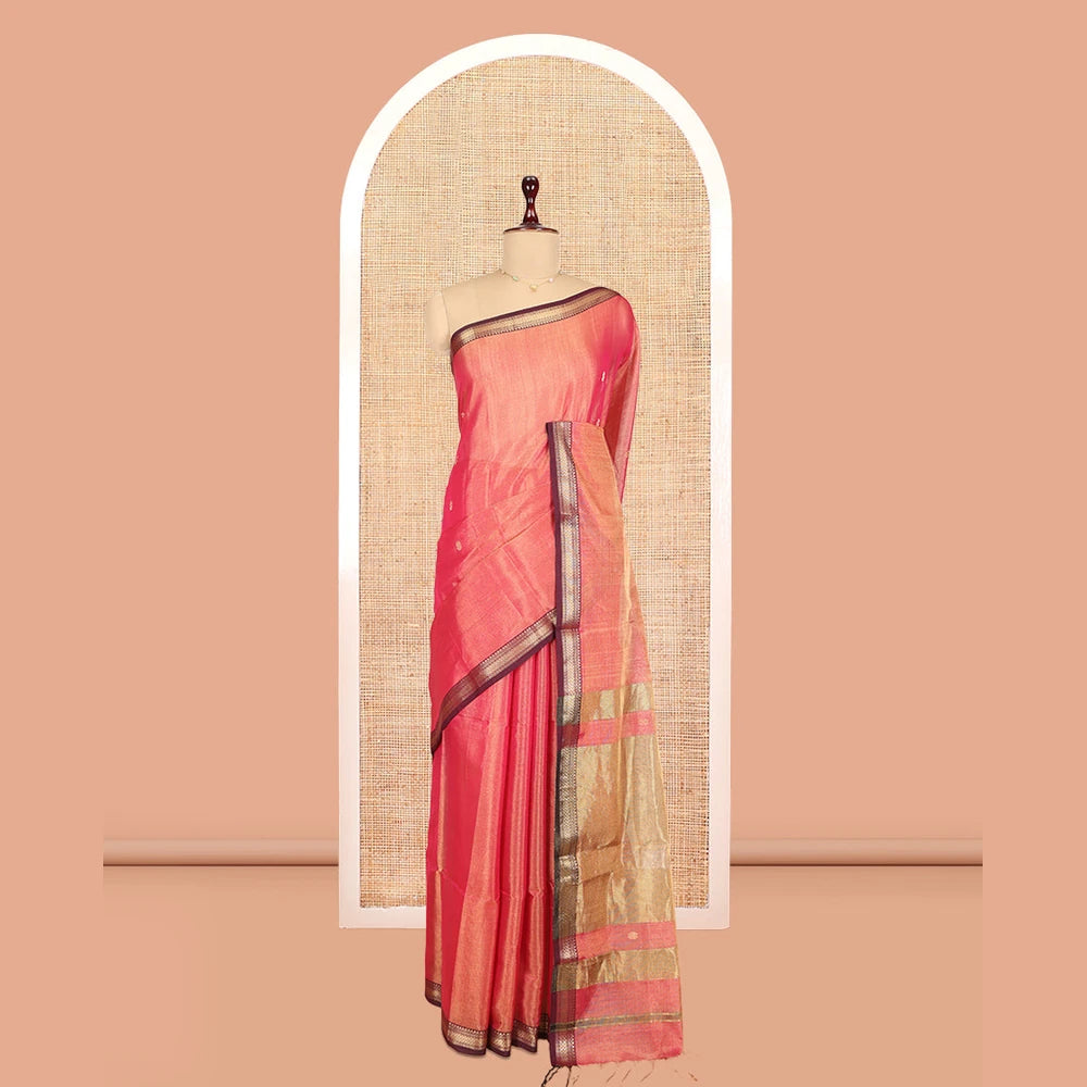 Pothys Peach Maheshwari Cotton Saree, Woven with Zari Buttas, a Contrast Traditional Zari Border, Zari Gleamed Up Pallu, and a Matching Blouse