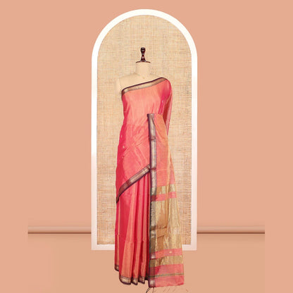 Pothys Peach Maheshwari Cotton Saree, Woven with Zari Buttas, a Contrast Traditional Zari Border, Zari Gleamed Up Pallu, and a Matching Blouse