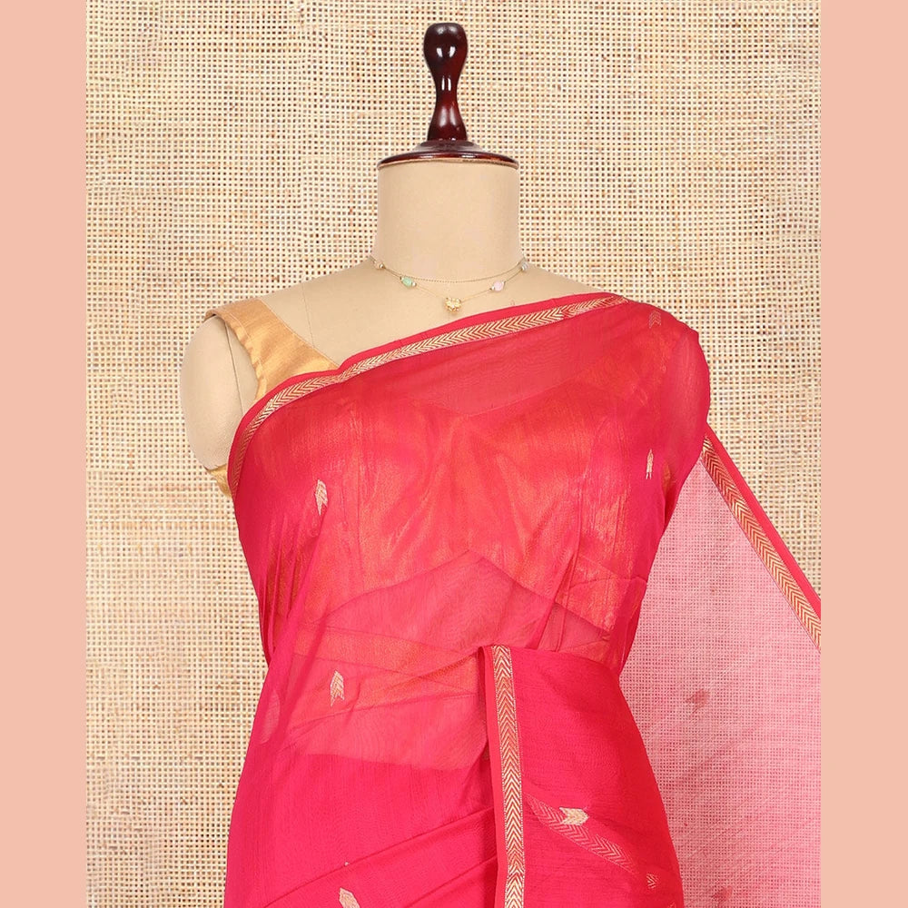 Pothys Red Maheshwari Cotton Saree, Detailed with Zari Buttas, a Zari Border, Zari Buttas Pallu, and a Matching Blouse