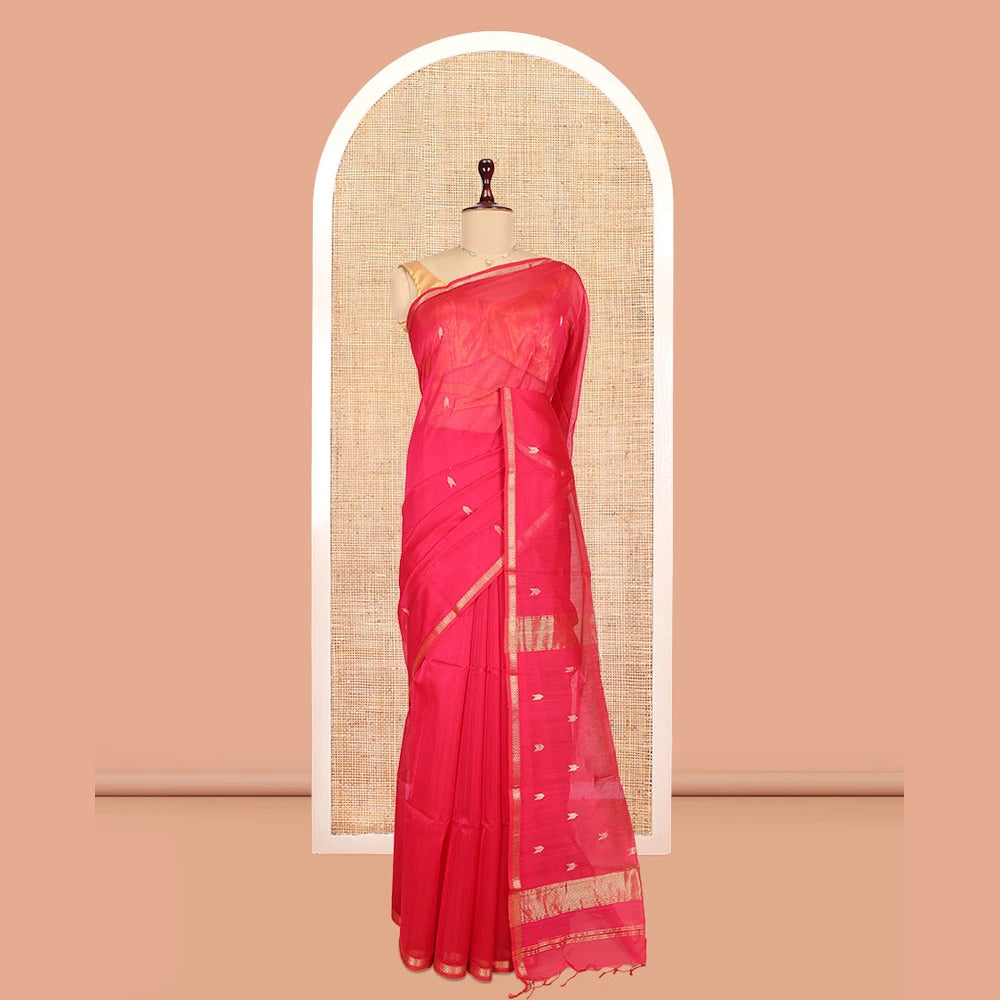 Pothys Red Maheshwari Cotton Saree, Detailed with Zari Buttas, a Zari Border, Zari Buttas Pallu, and a Matching Blouse